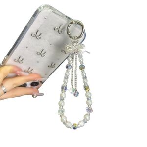 Pearl & Crystal Beaded Phone Charm Keychain - Silver